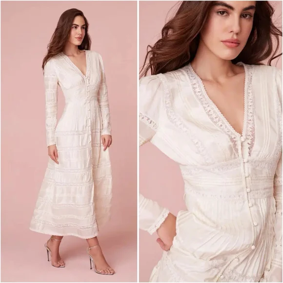 LoveShackFancy Ellitia Maxi Dress Victorian Lace Button Front Ivory NWT Size 4 - Picture 3 of 15
